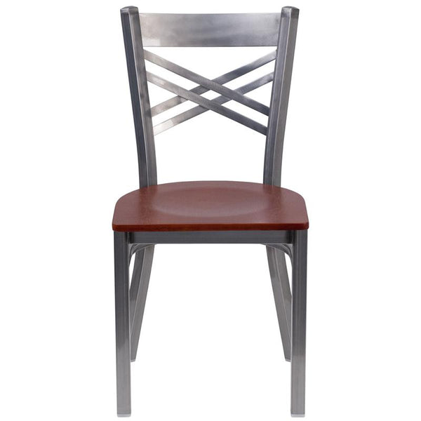 Flash Furniture HERCULES Series Clear Coated ''X'' Back Metal Restaurant Chair - Cherry Wood Seat - XU-6FOB-CLR-CHYW-GG