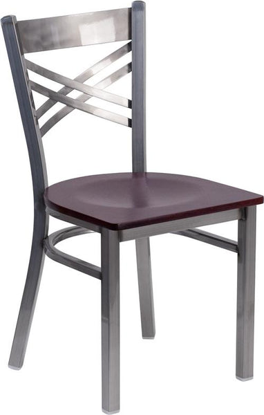 Flash Furniture HERCULES Series Clear Coated ''X'' Back Metal Restaurant Chair - Mahogany Wood Seat - XU-6FOB-CLR-MAHW-GG