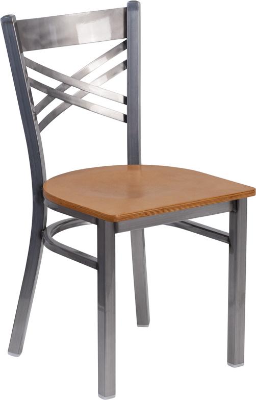 Flash Furniture HERCULES Series Clear Coated ''X'' Back Metal Restaurant Chair - Natural Wood Seat - XU-6FOB-CLR-NATW-GG