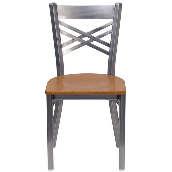 Flash Furniture HERCULES Series Clear Coated ''X'' Back Metal Restaurant Chair - Natural Wood Seat - XU-6FOB-CLR-NATW-GG