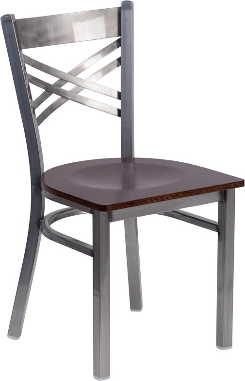 Flash Furniture HERCULES Series Clear Coated ''X'' Back Metal Restaurant Chair - Walnut Wood Seat - XU-6FOB-CLR-WALW-GG