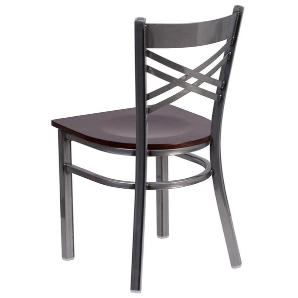 Flash Furniture HERCULES Series Clear Coated ''X'' Back Metal Restaurant Chair - Walnut Wood Seat - XU-6FOB-CLR-WALW-GG