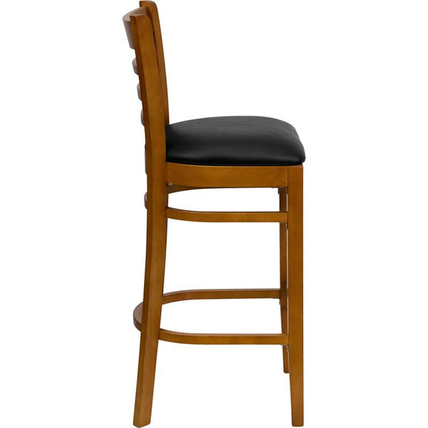 Flash Furniture HERCULES Series Ladder Back Cherry Wood Restaurant Barstool - Black Vinyl Seat - XU-DGW0005BARLAD-CHY-BLKV-GG