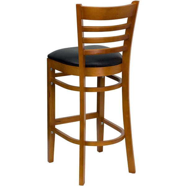 Flash Furniture HERCULES Series Ladder Back Cherry Wood Restaurant Barstool - Black Vinyl Seat - XU-DGW0005BARLAD-CHY-BLKV-GG