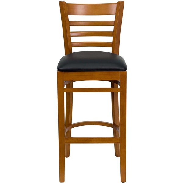 Flash Furniture HERCULES Series Ladder Back Cherry Wood Restaurant Barstool - Black Vinyl Seat - XU-DGW0005BARLAD-CHY-BLKV-GG