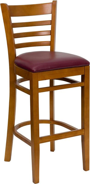 Flash Furniture HERCULES Series Ladder Back Cherry Wood Restaurant Barstool - Burgundy Vinyl Seat - XU-DGW0005BARLAD-CHY-BURV-GG