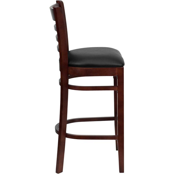 Flash Furniture HERCULES Series Ladder Back Mahogany Wood Restaurant Barstool - Black Vinyl Seat - XU-DGW0005BARLAD-MAH-BLKV-GG