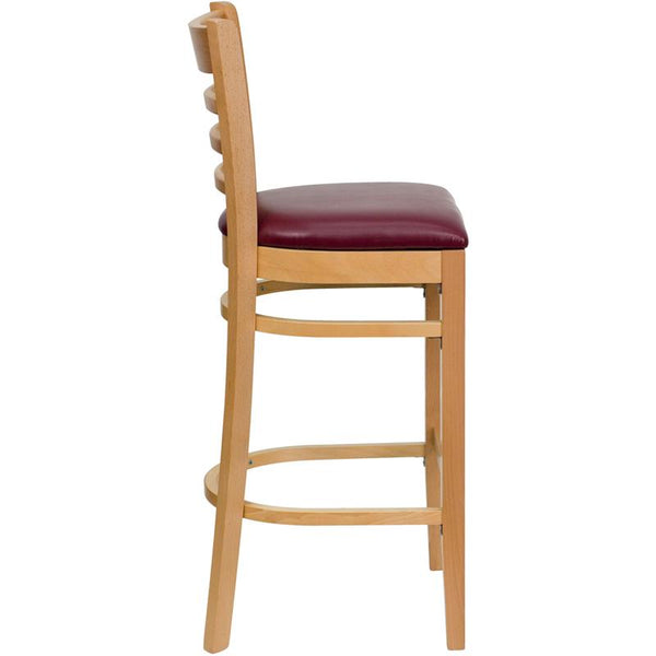 Flash Furniture HERCULES Series Ladder Back Natural Wood Restaurant Barstool - Burgundy Vinyl Seat - XU-DGW0005BARLAD-NAT-BURV-GG