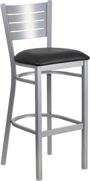 Flash Furniture HERCULES Series Silver Slat Back Metal Restaurant Barstool - Black Vinyl Seat - XU-DG-60402-BAR-BLKV-GG