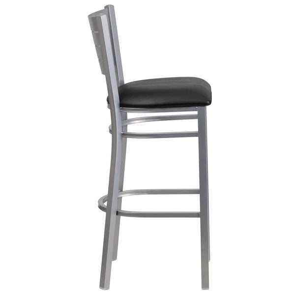 Flash Furniture HERCULES Series Silver Slat Back Metal Restaurant Barstool - Black Vinyl Seat - XU-DG-60402-BAR-BLKV-GG