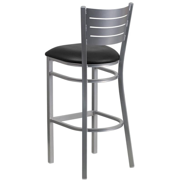 Flash Furniture HERCULES Series Silver Slat Back Metal Restaurant Barstool - Black Vinyl Seat - XU-DG-60402-BAR-BLKV-GG