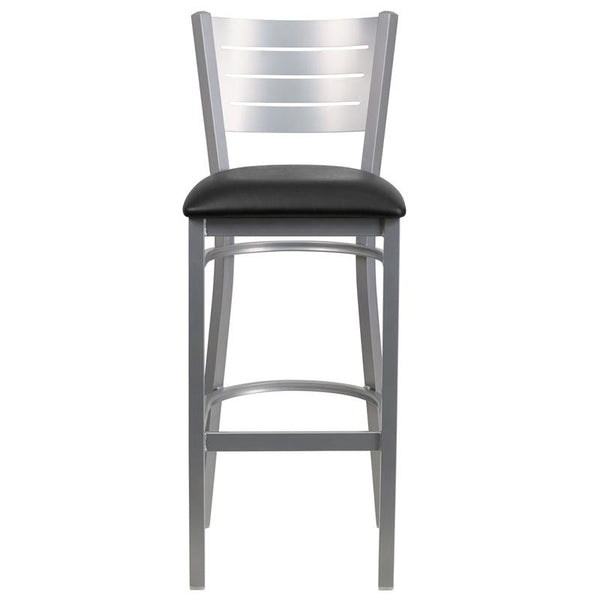 Flash Furniture HERCULES Series Silver Slat Back Metal Restaurant Barstool - Black Vinyl Seat - XU-DG-60402-BAR-BLKV-GG