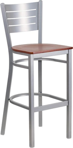 Flash Furniture HERCULES Series Silver Slat Back Metal Restaurant Barstool - Cherry Wood Seat - XU-DG-60402-BAR-CHYW-GG