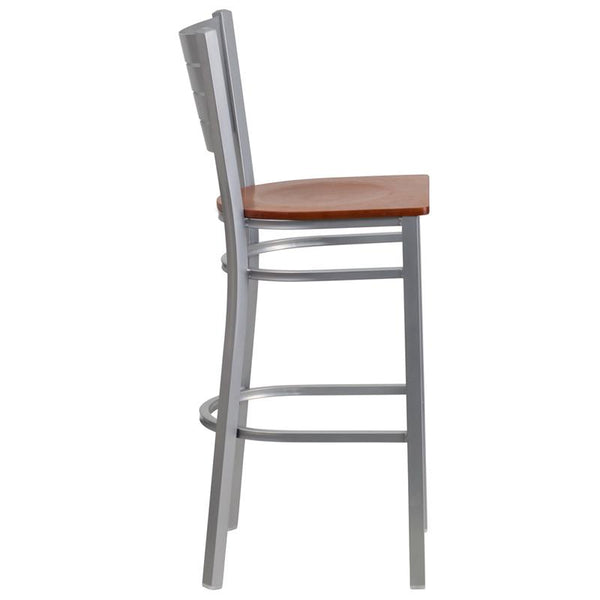 Flash Furniture HERCULES Series Silver Slat Back Metal Restaurant Barstool - Cherry Wood Seat - XU-DG-60402-BAR-CHYW-GG