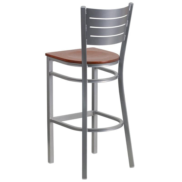 Flash Furniture HERCULES Series Silver Slat Back Metal Restaurant Barstool - Cherry Wood Seat - XU-DG-60402-BAR-CHYW-GG