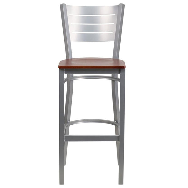 Flash Furniture HERCULES Series Silver Slat Back Metal Restaurant Barstool - Cherry Wood Seat - XU-DG-60402-BAR-CHYW-GG