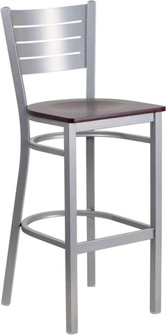 Flash Furniture HERCULES Series Silver Slat Back Metal Restaurant Barstool - Mahogany Wood Seat - XU-DG-60402-BAR-MAHW-GG