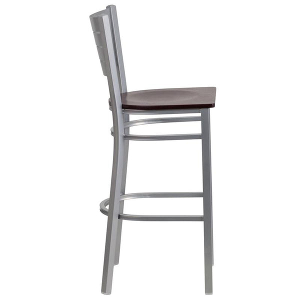 Flash Furniture HERCULES Series Silver Slat Back Metal Restaurant Barstool - Mahogany Wood Seat - XU-DG-60402-BAR-MAHW-GG