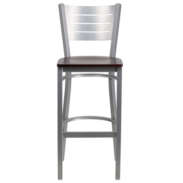 Flash Furniture HERCULES Series Silver Slat Back Metal Restaurant Barstool - Mahogany Wood Seat - XU-DG-60402-BAR-MAHW-GG