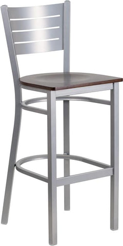 Flash Furniture HERCULES Series Silver Slat Back Metal Restaurant Barstool - Walnut Wood Seat - XU-DG-60402-BAR-WALW-GG