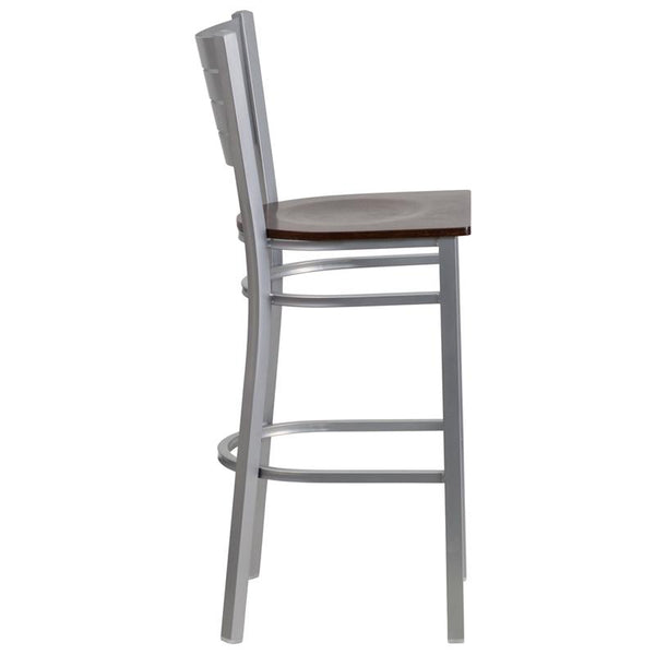 Flash Furniture HERCULES Series Silver Slat Back Metal Restaurant Barstool - Walnut Wood Seat - XU-DG-60402-BAR-WALW-GG
