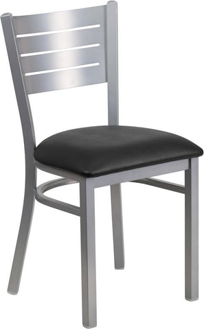 Flash Furniture HERCULES Series Silver Slat Back Metal Restaurant Chair - Black Vinyl Seat - XU-DG-60401-BLKV-GG