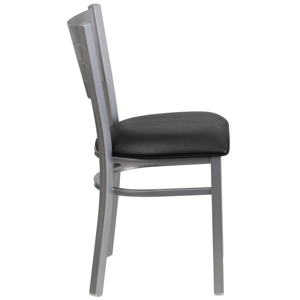 Flash Furniture HERCULES Series Silver Slat Back Metal Restaurant Chair - Black Vinyl Seat - XU-DG-60401-BLKV-GG