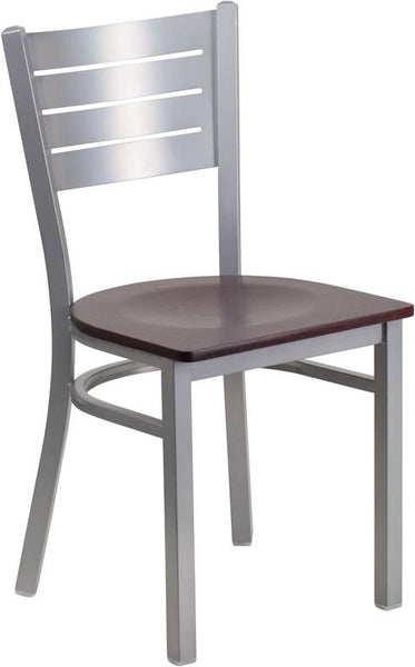 Flash Furniture HERCULES Series Silver Slat Back Metal Restaurant Chair - Mahogany Wood Seat - XU-DG-60401-MAHW-GG