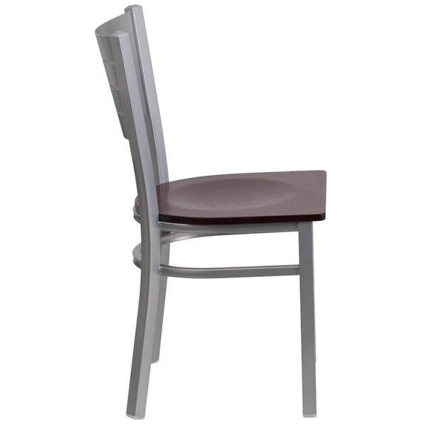 Flash Furniture HERCULES Series Silver Slat Back Metal Restaurant Chair - Mahogany Wood Seat - XU-DG-60401-MAHW-GG