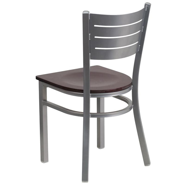 Flash Furniture HERCULES Series Silver Slat Back Metal Restaurant Chair - Mahogany Wood Seat - XU-DG-60401-MAHW-GG