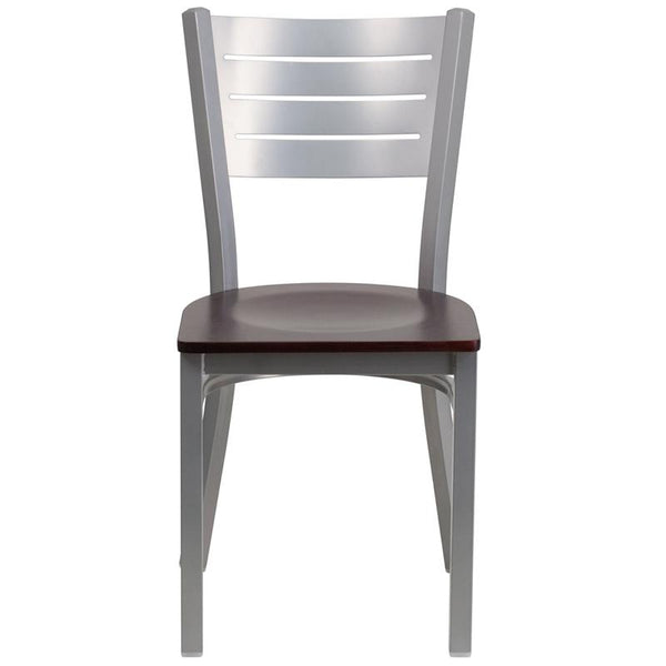 Flash Furniture HERCULES Series Silver Slat Back Metal Restaurant Chair - Mahogany Wood Seat - XU-DG-60401-MAHW-GG