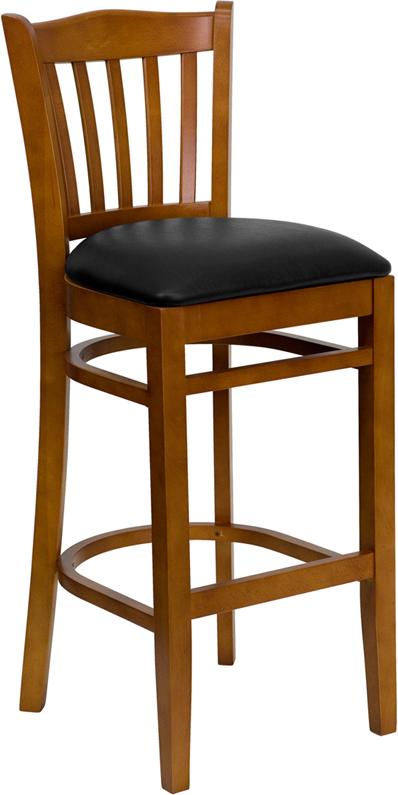 Flash Furniture HERCULES Series Vertical Slat Back Cherry Wood Restaurant Barstool - Black Vinyl Seat - XU-DGW0008BARVRT-CHY-BLKV-GG