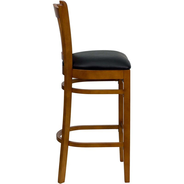 Flash Furniture HERCULES Series Vertical Slat Back Cherry Wood Restaurant Barstool - Black Vinyl Seat - XU-DGW0008BARVRT-CHY-BLKV-GG