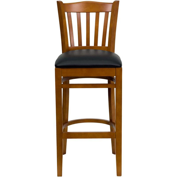 Flash Furniture HERCULES Series Vertical Slat Back Cherry Wood Restaurant Barstool - Black Vinyl Seat - XU-DGW0008BARVRT-CHY-BLKV-GG