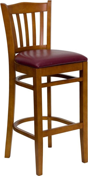 Flash Furniture HERCULES Series Vertical Slat Back Cherry Wood Restaurant Barstool - Burgundy Vinyl Seat - XU-DGW0008BARVRT-CHY-BURV-GG