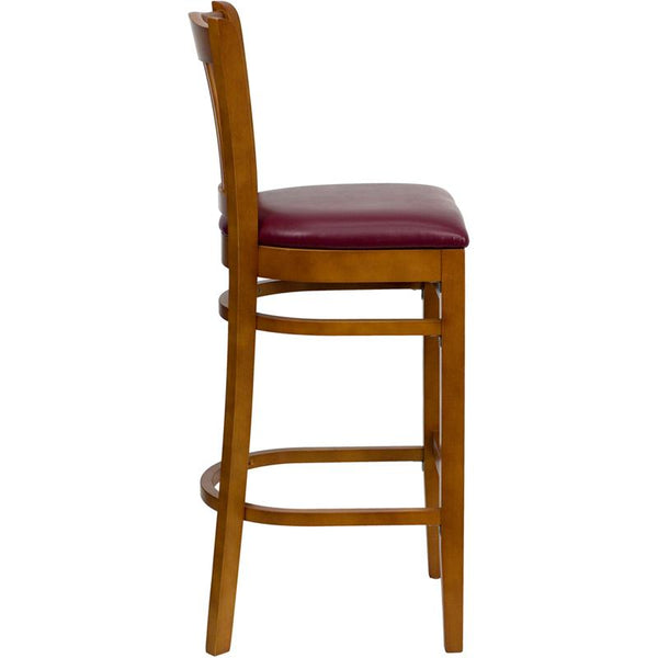 Flash Furniture HERCULES Series Vertical Slat Back Cherry Wood Restaurant Barstool - Burgundy Vinyl Seat - XU-DGW0008BARVRT-CHY-BURV-GG