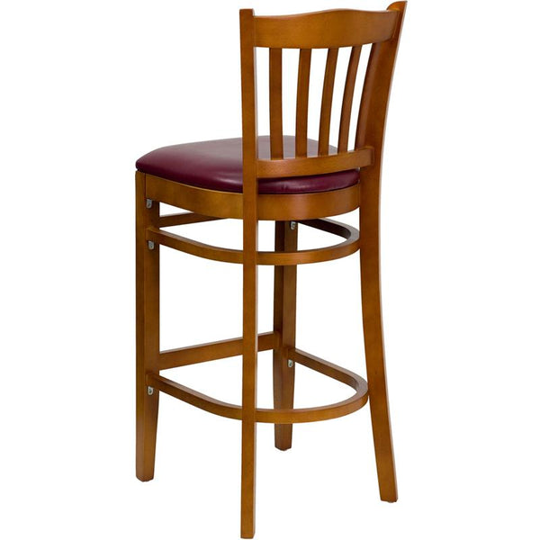 Flash Furniture HERCULES Series Vertical Slat Back Cherry Wood Restaurant Barstool - Burgundy Vinyl Seat - XU-DGW0008BARVRT-CHY-BURV-GG