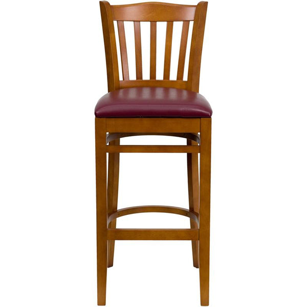 Flash Furniture HERCULES Series Vertical Slat Back Cherry Wood Restaurant Barstool - Burgundy Vinyl Seat - XU-DGW0008BARVRT-CHY-BURV-GG