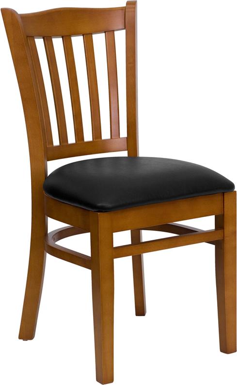 Flash Furniture HERCULES Series Vertical Slat Back Cherry Wood Restaurant Chair - Black Vinyl Seat - XU-DGW0008VRT-CHY-BLKV-GG