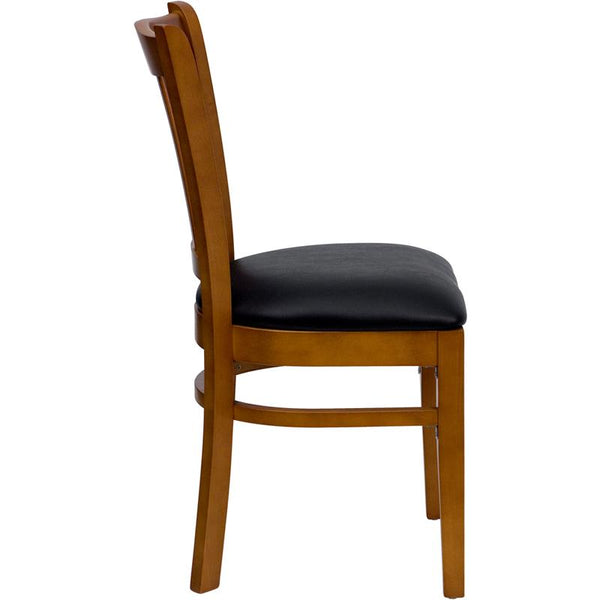 Flash Furniture HERCULES Series Vertical Slat Back Cherry Wood Restaurant Chair - Black Vinyl Seat - XU-DGW0008VRT-CHY-BLKV-GG