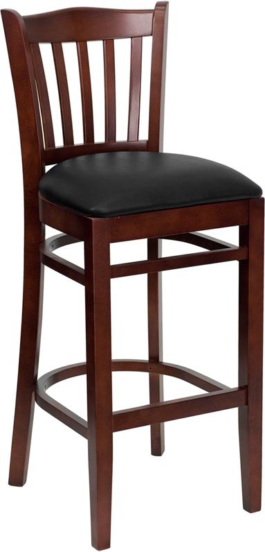 Flash Furniture HERCULES Series Vertical Slat Back Mahogany Wood Restaurant Barstool - Black Vinyl Seat - XU-DGW0008BARVRT-MAH-BLKV-GG
