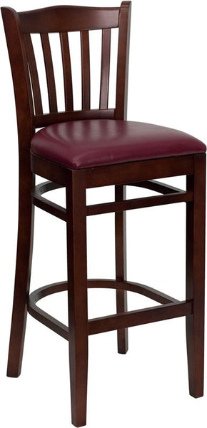 Flash Furniture HERCULES Series Vertical Slat Back Mahogany Wood Restaurant Barstool - Burgundy Vinyl Seat - XU-DGW0008BARVRT-MAH-BURV-GG