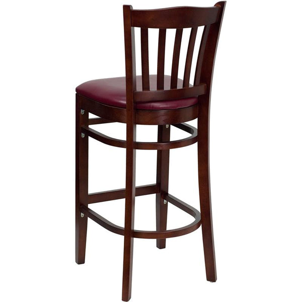 Flash Furniture HERCULES Series Vertical Slat Back Mahogany Wood Restaurant Barstool - Burgundy Vinyl Seat - XU-DGW0008BARVRT-MAH-BURV-GG