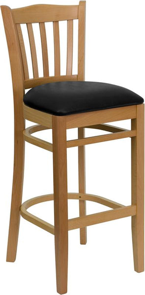 Flash Furniture HERCULES Series Vertical Slat Back Natural Wood Restaurant Barstool - Black Vinyl Seat - XU-DGW0008BARVRT-NAT-BLKV-GG