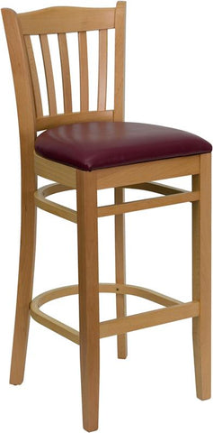 Flash Furniture HERCULES Series Vertical Slat Back Natural Wood Restaurant Barstool - Burgundy Vinyl Seat - XU-DGW0008BARVRT-NAT-BURV-GG