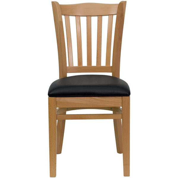 Flash Furniture HERCULES Series Vertical Slat Back Natural Wood Restaurant Chair - Black Vinyl Seat - XU-DGW0008VRT-NAT-BLKV-GG