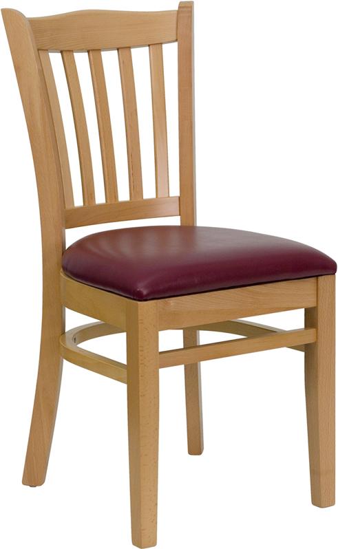 Flash Furniture HERCULES Series Vertical Slat Back Natural Wood Restaurant Chair - Burgundy Vinyl Seat - XU-DGW0008VRT-NAT-BURV-GG