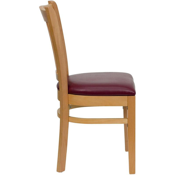 Flash Furniture HERCULES Series Vertical Slat Back Natural Wood Restaurant Chair - Burgundy Vinyl Seat - XU-DGW0008VRT-NAT-BURV-GG