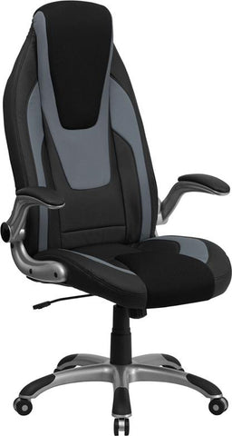 Flash Furniture High Back Black and Gray Vinyl Executive Swivel Chair with Black Mesh Insets and Flip-Up Arms - CH-CX0326H02-GG