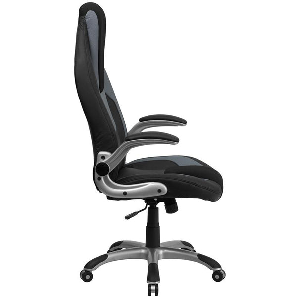 Flash Furniture High Back Black and Gray Vinyl Executive Swivel Chair with Black Mesh Insets and Flip-Up Arms - CH-CX0326H02-GG